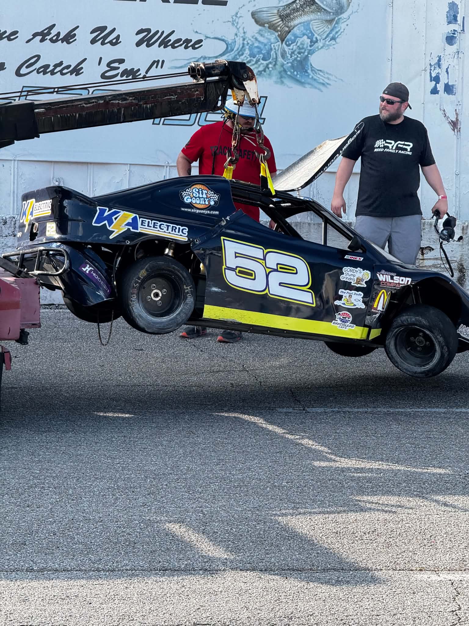Logan Conner's damaged No. 52 after the crash at Huntsville Speedway