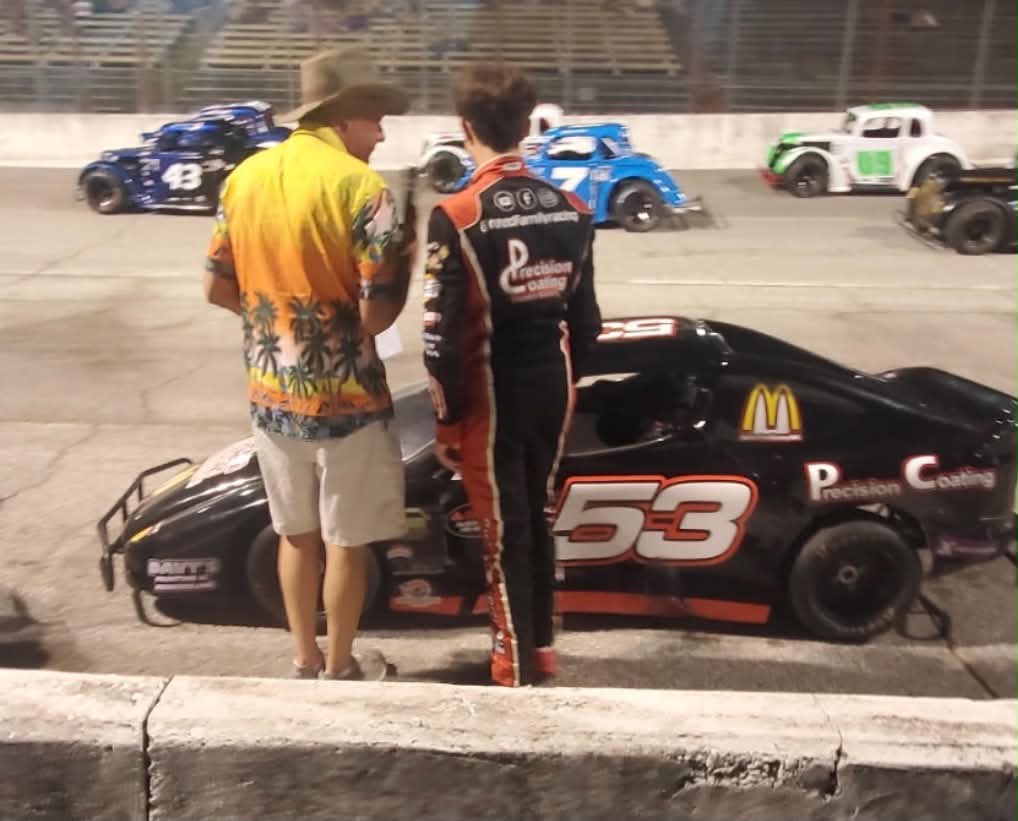 TW Reed give a post race interview the Hunstville Speedway's track announcer.